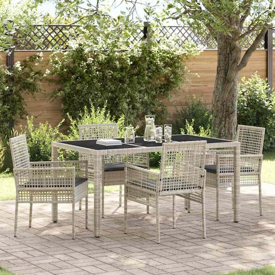Poly rattan gehard glas moderne eettafelset 5 delig lichtgrijs 150x90x75 cm