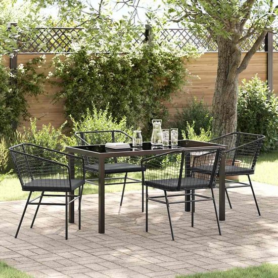 Poly rattan glazen tafelblad buiten eetset moderne zwarte 5 delige set