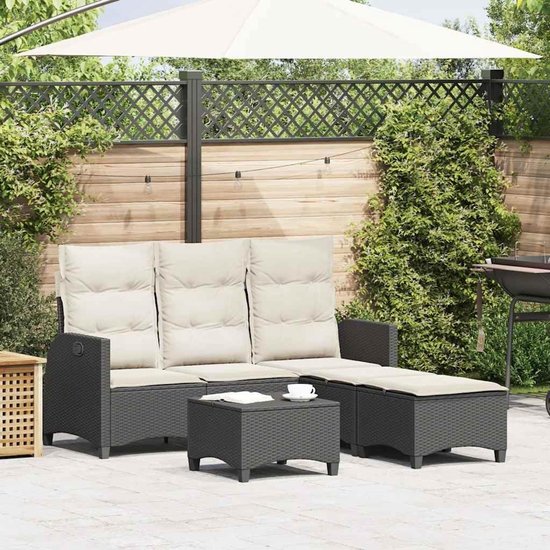Poly rattan verstelbare rugleuning L vormig tuinbankset zwart crème 3 delig