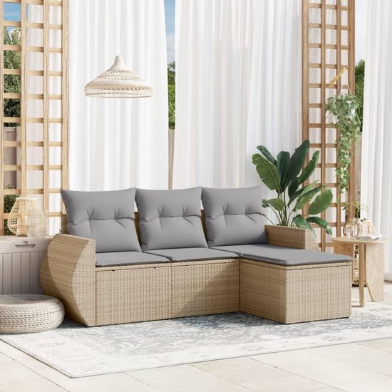 Poly rattan weerbestendig loungeset met gevoerde kussens beige grijs