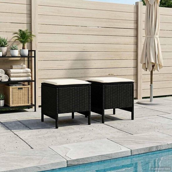Poly rotan kruk set van 2 38x38x45 cm zwart crème