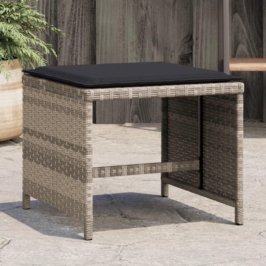 Poly rotan tuinkruk set 4-delig, lichtgrijs kruk 40x40x35 cm met kussen, afneembare hoes en gepoedercoat stalen frame, max. 110 kg belastbaar