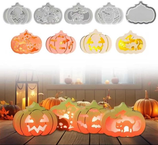Pompoenharsvormen, 5 stuks Halloween pompoenvorm, siliconen set, 3D pompoen siliconen vorm, voor Halloween wijndecoraties, kaarsen