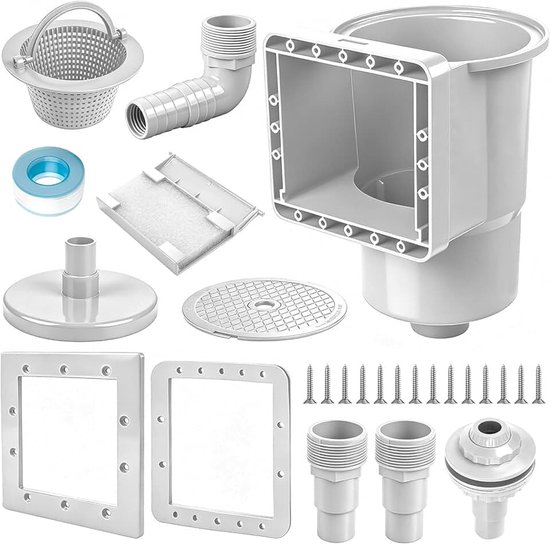 Pool Set, inbouwskimmer, inbouwskimmer incl. inlaatmondstuk en andere accessoires, complete set voor stalen wandzwembaden, inlaatmondstuk grote skimmer mand slangaansluiting 32/38 mm