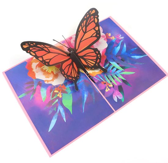 Pop-up 3D kaart met vlinder en bloemen, handgemaakt, voor elke gelegenheid