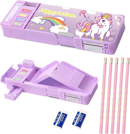 Pop-up multifunctionele etui voor meisjes en jongens, met 5 potloden, 1 gum, 1 puntenslijper en een schema, leuke cartoon pennenbox organizer briefpapier, beste cadeaus voor kinderen, Paars