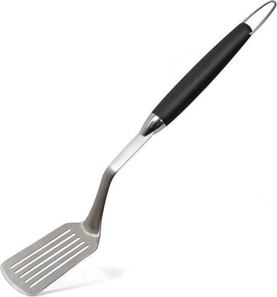 Premium grillspatel, 51 cm lang, roestvrij staal/kunststof, hittebestendig, getande rand, spatel met ophanging en handgrepen, zilver
