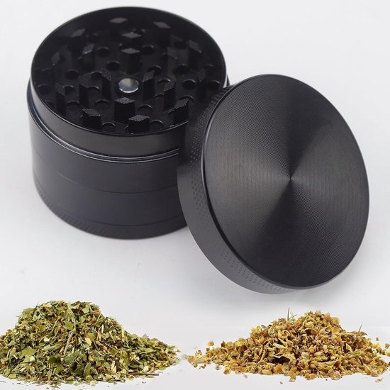 Premium Pepermolen en Specerijenmolen - 4-delige Metalen Grinder met Pollenzeef, Magnetische Deksel en Schraper (Zwart)
