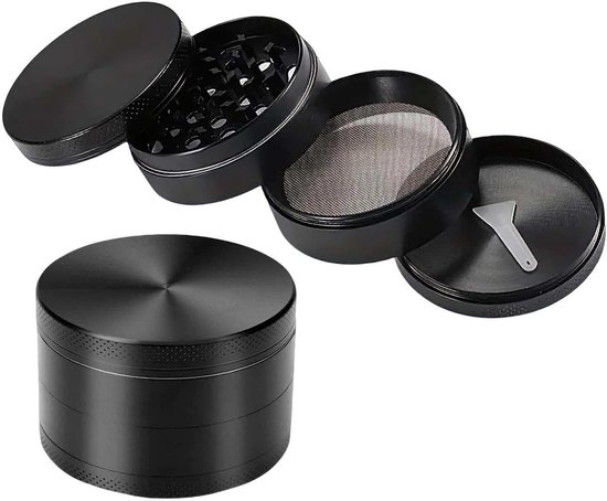 Premium Vierdelige Zwarte Specerijenmolen van Zinklegering, Draagbare Molen met Zeef en Magnetische Deksel voor Droge Kruiden en Specerijen, Ideaal voor Koken en Aromatische Mixen