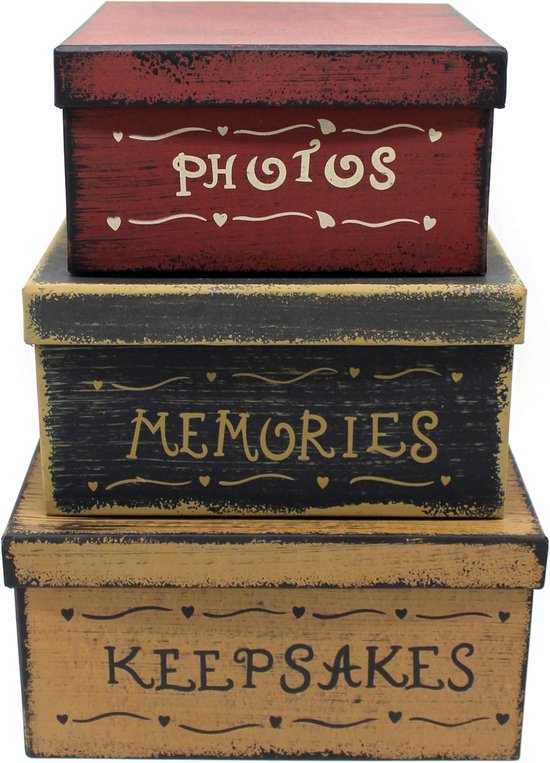 Primitieve vintage vierkante foto's, herinneringen, aandenken, kartonnen nestdozen, grote 9 x 9 x 4-1/2 inch. Set van 3.