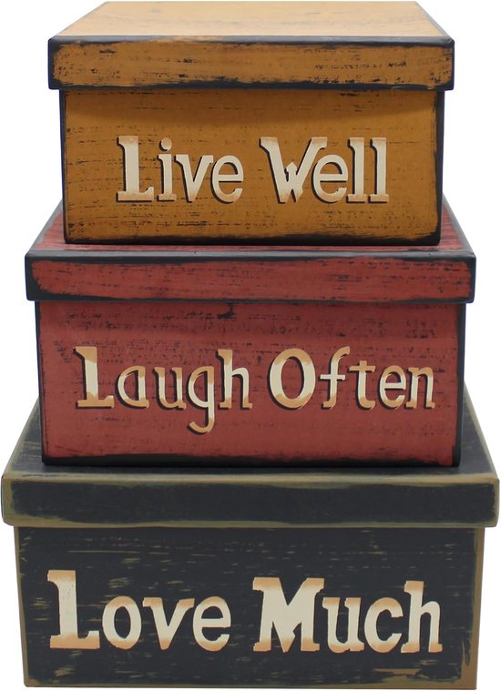 Primitive Vintage Square "Live Well, Laugh Vaak, Love Much" kartonnen nestdozen, grote 9 X 9 X 4-1/2 Inch. Set van 3.