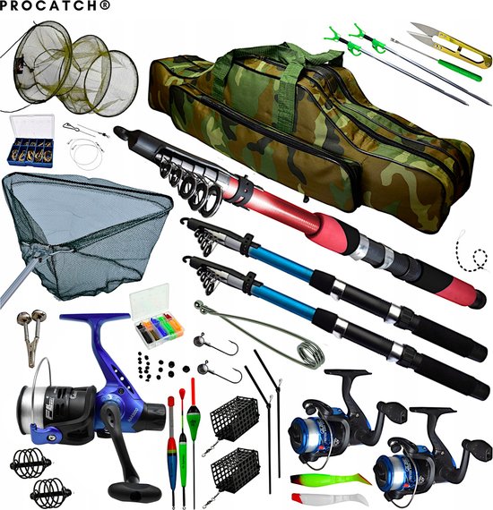 ProCatch® 244 | Hengelset - Vishengel set compleet - Werphengel - Vissen - 3 Hengels + Enorm veel accessoires - 3/2,1 Meter uitschuifbaar + GRATIS opbergtas, visvoer en visnet van Merkloos