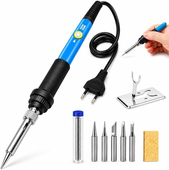 Professionele 60 W Loodsoldeerbout Set met 9 Onderdelen, Verstelbare Temperatuur, Diverse Tips en Desoldeerpomp voor Precisiewerk en Elektronica