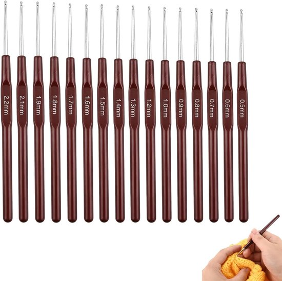Professionele Haaknaalden Set van 16 Stuks met Ergonomische Handgrepen voor Haken, Breien, Dreadlocks en Creatief DIY Handwerk, Maten van 0,5 mm tot 2,2 mm