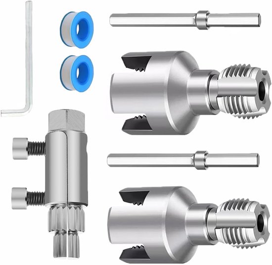 Professionele pijpdraadgereedschapset met interne en externe inrijgtool, gebroken draadafzuiger en afdichting voor loodgieterswerk 1/2" en 3/4