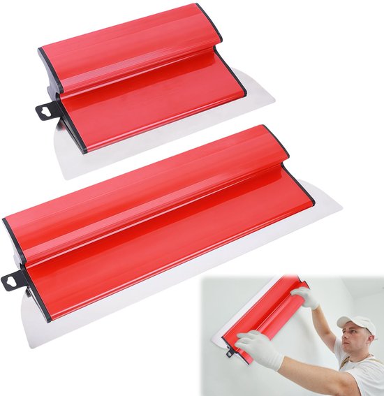 Professionele plamuurset voor het gladmaken, spatel met Z-vormige handgreep, lemmet van roestvrij staal, 0,35 mm, voor het bepleisteren van muren en plafonds, rood (25 cm + 40 cm)