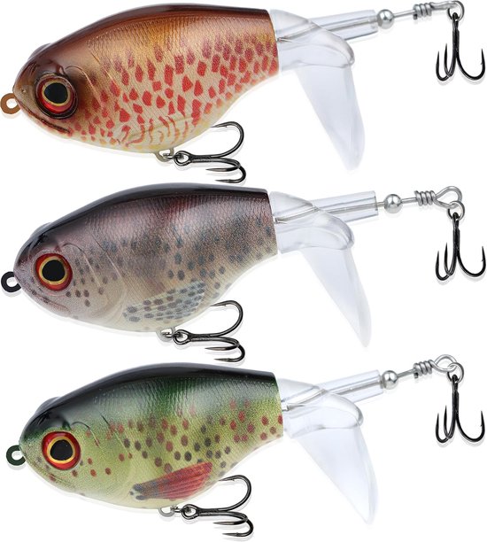 Propellervormig bubbelkunstaas, oppervlaktekunstaas voor baars, snoekbaars en forel. Drijvend potloodvormig kunstaas voor baars met bijbehorende opbergdoos.