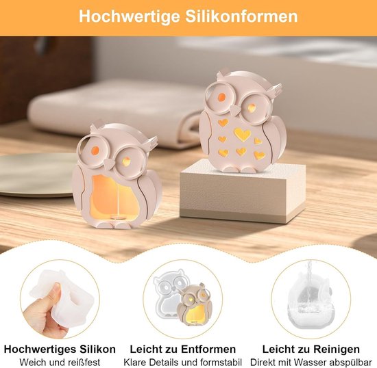 prota Siliconen gietvormen, uil, 4 stuks gietvormen, siliconen, 3D, uilen, kaarsvorm, siliconen met basis, siliconen vorm, lichten uil voor kaarsen, aromatherapie, handgemaakte zeep