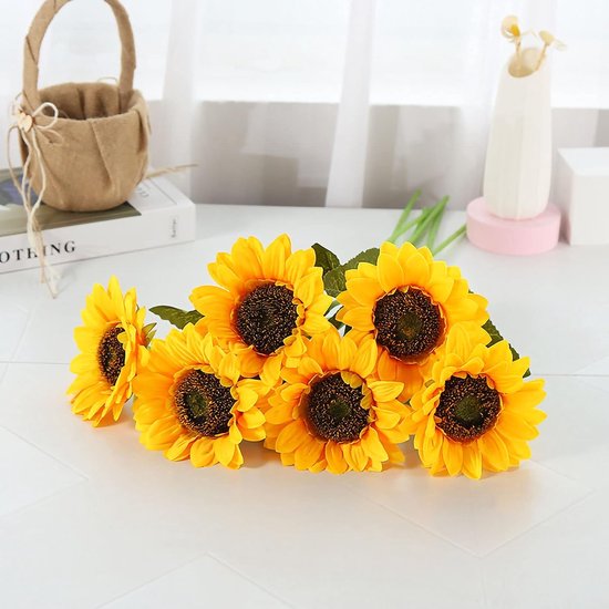 Real Touch Kunstmatige Zonnebloem met Stengels voor Huisdecoratie, Perfect voor Balkon en Eetkamers, Gemakkelijk Te Buigen Om in Elke Vaas Te Passen Materiaal: Zijden Doek (7 filiaal)