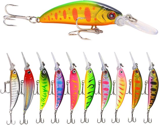 Realistische 10-delige Vissersaas Set van 5.7g en 7cm met Drievoudige Haken voor Forel, Baars en Snoek van Merkloos
