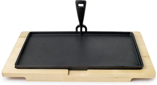 Rechthoekig bord van gietijzer, 34 x 20 cm met sokkel van beukenhout