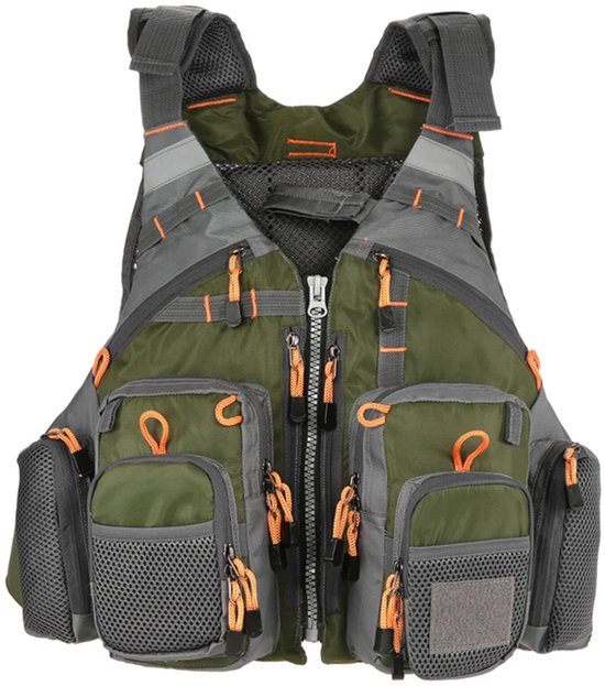 Reddingsvest voor vissen vanaf de rotsen - Reddingsvest voor volwassenen - Geschikt voor kajakken en vissen - Meerdere zakken - 55 * 46 cm - Afneembaar - Polyester + EPE-schuim - Groen