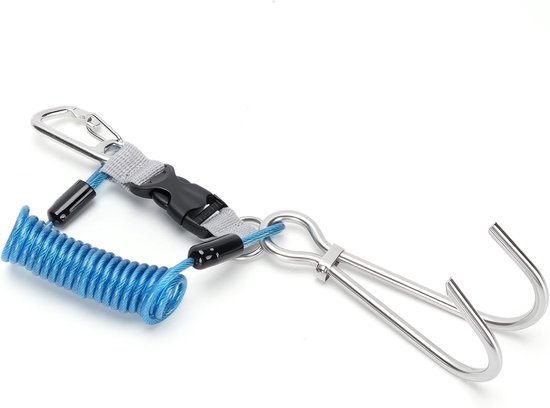 Reef haak voor duiken met veerkoord en dubbele haak van hoogwaardig 316 roestvrij staal, anti-verlies lanyard (1.5m) voor veilig duiken en onderwaterfotografie