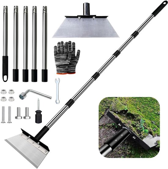 Reinigingsschep met steel, tuinschep, onkruid, multifunctionele tuinschep, reinigingsschep, tuinreinigingsschraper, voor het scheppen van gras, aarde en mos