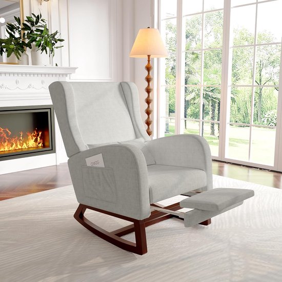 Relax schommelstoel, gestoffeerde schommelstoel van stof met hoge rugleuning, moderne stoel met antislip poten en houten sokkel voor huis, woonkamer, slaapkamer, grijs