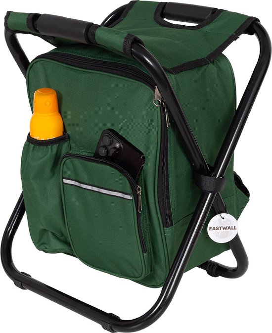 Relaxy Vouwkruk met koeltas - 3 in 1 - Draagbaar als rugzak - Koelrugzak - Uitstekend geschikt voor onderweg - Opvouwbaar viskrukje - Stevige constructie - Nylon + Staal - H41xB36xL29cm - Groen van Merkloos