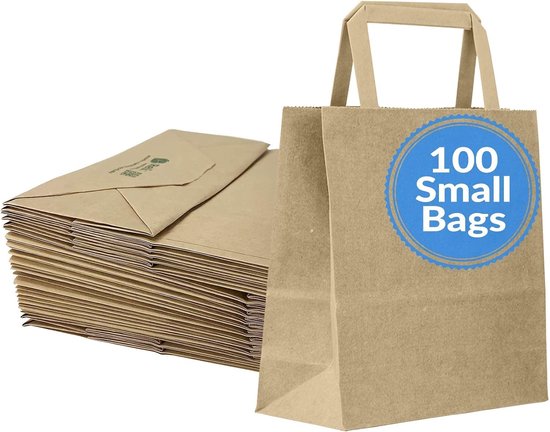 Reli. Papieren geschenkzakken | 100 stuks bulk | Klein - 7"x3.15"x8.15" | Kleine papieren zakken met handgrepen | Kraft papieren geschenkzakken/boodschappentassen | Bruine papieren zakken voor
