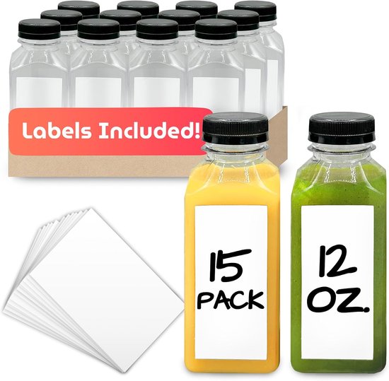 Reli. Plastic sapflessen [15 stuks] [12 oz] Vierkante plastic sapflessen met doppen en stickeretiketten | Duidelijke lege sapflessen voor het maken van sappen 12 oz | Wegwerpbare herbruikbare flessen