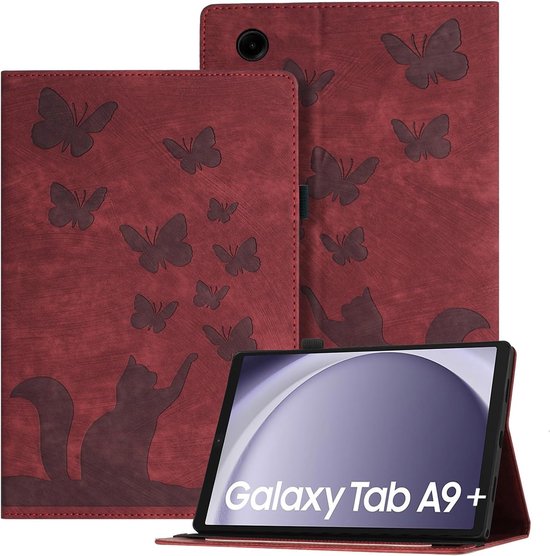 Reliëf Hoes voor Samsung Galaxy Tab A9+ 2023 11", Vlinder en Kat Thema Retro PU Lederen Tablet Hoes voor Tab A9+ A9 Plus SM-X210 SM-X215, Rood