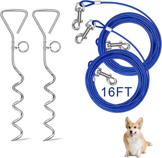 Relux Hondenbindkabel en -stok, 4,9 m outdoor hondenspel voor tuintraining, hardlopen, wandelen, kamperen, 4,9 cm zware hondenanker spiraalvormige paal voor kleine tot middelgrote honden (2 stuks