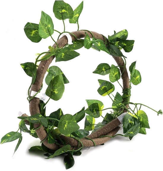Reptiel Klimplant Flexibel Jungle Decor 3,28ft Rotan met Scindapsus Bladeren voor Hagedissen Kameleons 's Boomkikkers Schildpad Aquarium Terrarium Decoratie (Rotan + groene radijsbladeren)