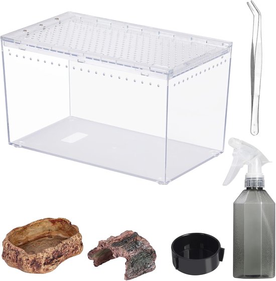 Reptiel PC Terrarium 10,2" x 5,9" x 5,7" Full View Reptiel Aquarium Tank Starter Kit voor Insecten Plant Gecko Spider Habitat Amfibieën Behuizing met Hide Cave Feeding Bowl