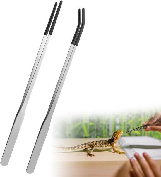 Reptile Feeder Tongs - 2pcs Fish Tank Tweezers - Recht en Gebogen - RVS met Rubber Tip - Voor Aquatische Planten - Spinnen - Slangen - Hagedissen - 25cm