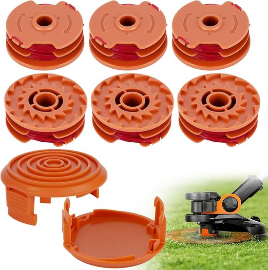 Reservedraadspoel voor WORX grastrimmer, set van 6 spoelen met 2 doppen, 1,6 mm nylon trimmerdraad elk 9,8 m, robuuste ABS-draadcassette, compatibel met WORX WA0007-modellen
