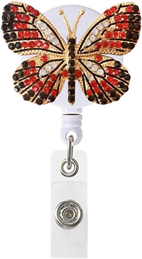 Retractable Badge Clip met Vlinderdesign, ID Badgehouder voor Verpleegkundigen, Leraren en Vrijwilligers, Bling Rode Badge Reel met Nylon Koorden en Krokodillenclip