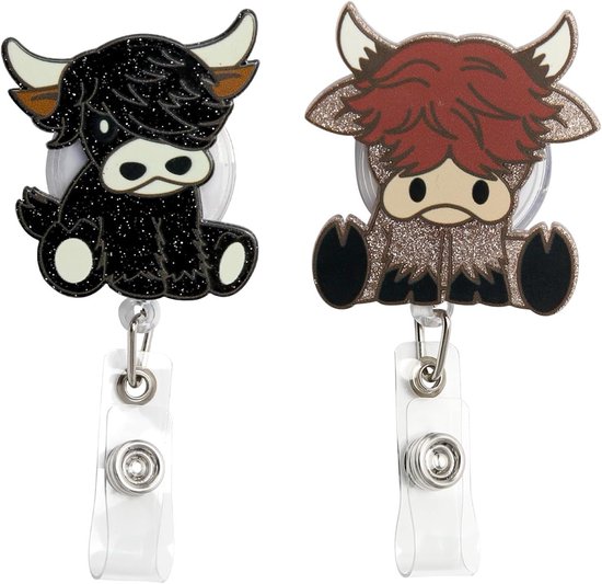 Retractable Badge Reel 2-Pack met Schattige Hoogland Runderen - ID Kaarthouder voor Ziekenhuis, Kantoor en School - Duurzame Lanyard voor Medewerkers en Studenten