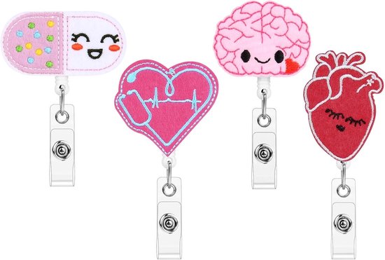 Retractable Badge Reel Houder Set van 4, Schattige ID Badge Clips met Vilt en Kleurige Ontwerpen