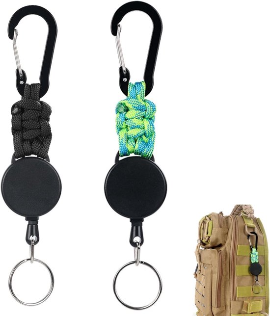 Retractable Badge Reel Lanyard met Carabiner en Sleutelhanger - 2 Stuks, Ideaal voor ID Kaarten en Draagbare Gebruik (Camo Groen Zwart)