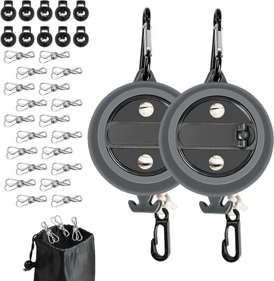 Retractable Reel Kledinglijn 10m - Draagbare, Inklapbare Kledinglijn met 10 Verstelbare Haken en 20 Wasknijpers voor Binnen en Buiten Gebruik tijdens Kamperen en Reizen van Merkloos