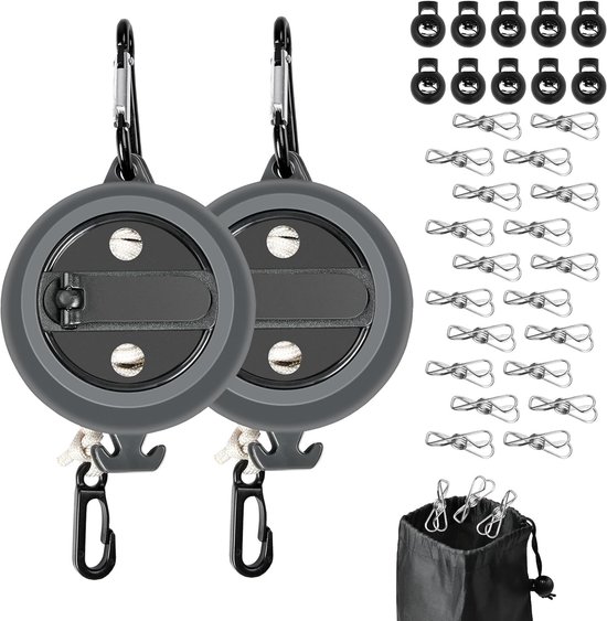 Retractable Reel Kledinglijn 10m - Draagbare, Tangle Free Reis Kledinglijn met 10 Verstelbare Buckles en 20 Wasknijpers voor Binnen en Buiten Gebruik