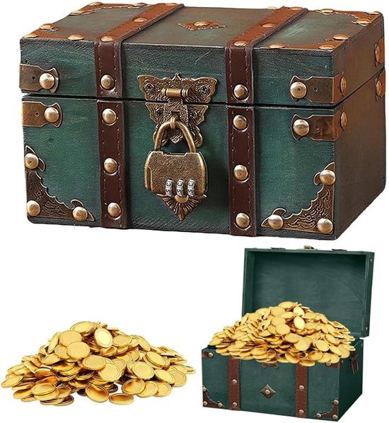 Retro Houten Schatkist Met Cijferslot, Kleine Vintage Doos Voor Decoratie Van Kinderverjaardag, Groen, 18 X 11 X 10 Cm | Kleine vintage doos met slot voor de decoratie van de kinderverjaardag (18 x 11 x 10 cm)