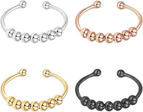 Ring, 4 stuks, anti-stress ring, roestvrij staal, fidget-ring met parels, anti-stress ring, anti-stress ring, adhs ring, fidget-ring voor dames en heren, stressring van ring