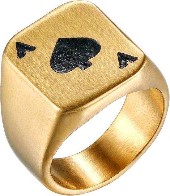 Ring van roestvrij staal, motief poker As de Pique As, kleur zilver/goud, uniek design, personaliseerbaar, voor heren en jongens