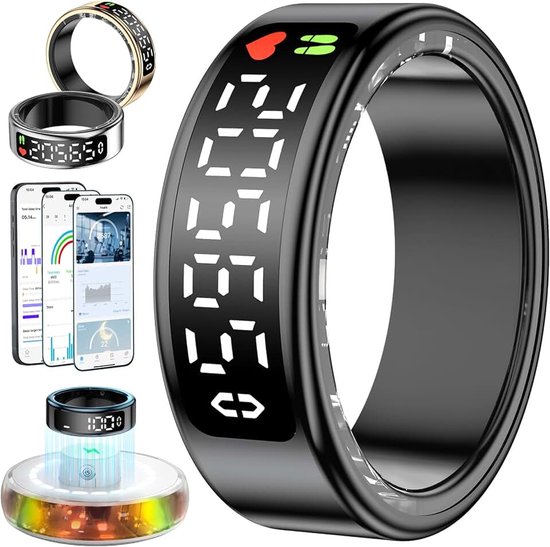 Ring voor dames en heren, slimme ring met LED-weergave, fitnesstrackingring IP68, slaapgezondheidsring, gezondheidsring met Android/iOS, stappenteller/hartslag/SpO2/activiteitentracker (Zwart, 9