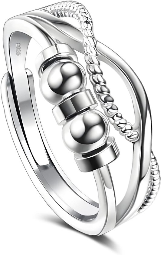 Ring voor dames, verstelbare anti-stress-ring met 2 draaibare ballen, zilveren fidget-ring tegen nervositeit, waterdichte damessieraden en cadeau