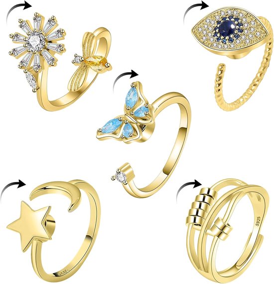 Ring voor Vrouwen Gouden Fidget Ring voor Tiener Meisjes Verstelbare Open Spinner Ringen voor Angst Vrouwen Dochter, Vlinder Maan Ster Zonnebloem Bij Kristal Ringen voor Kerstmis Moederdag Gift